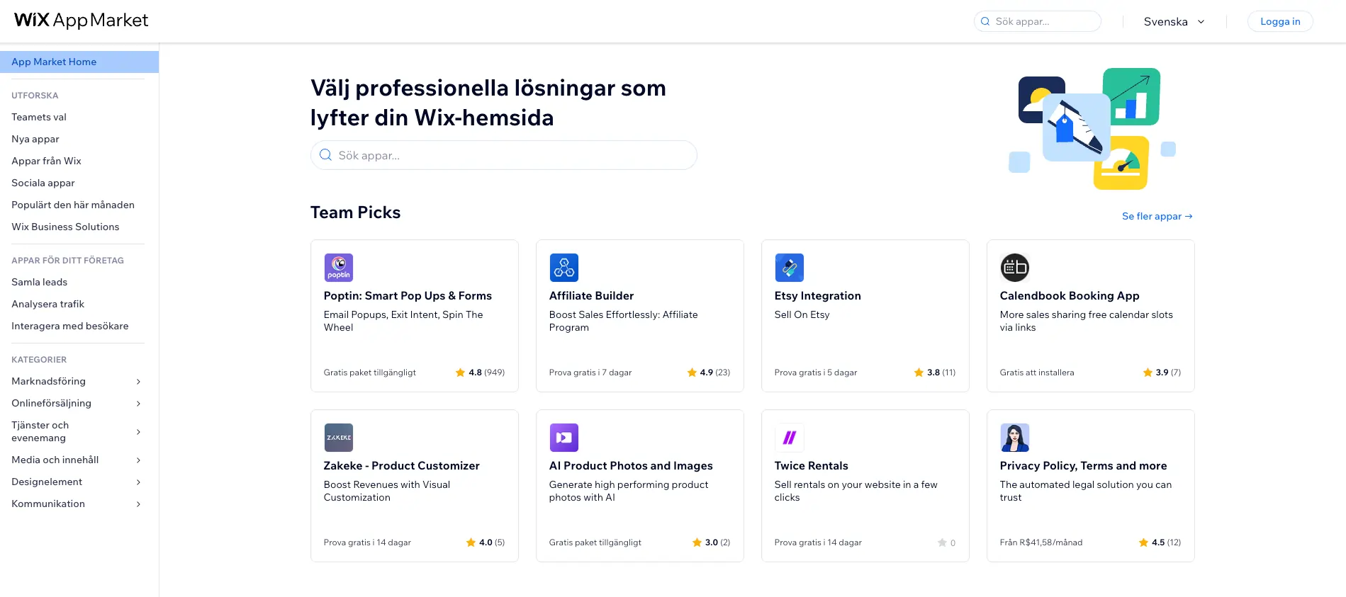 Appmarknad Appar och funktioner i WIX